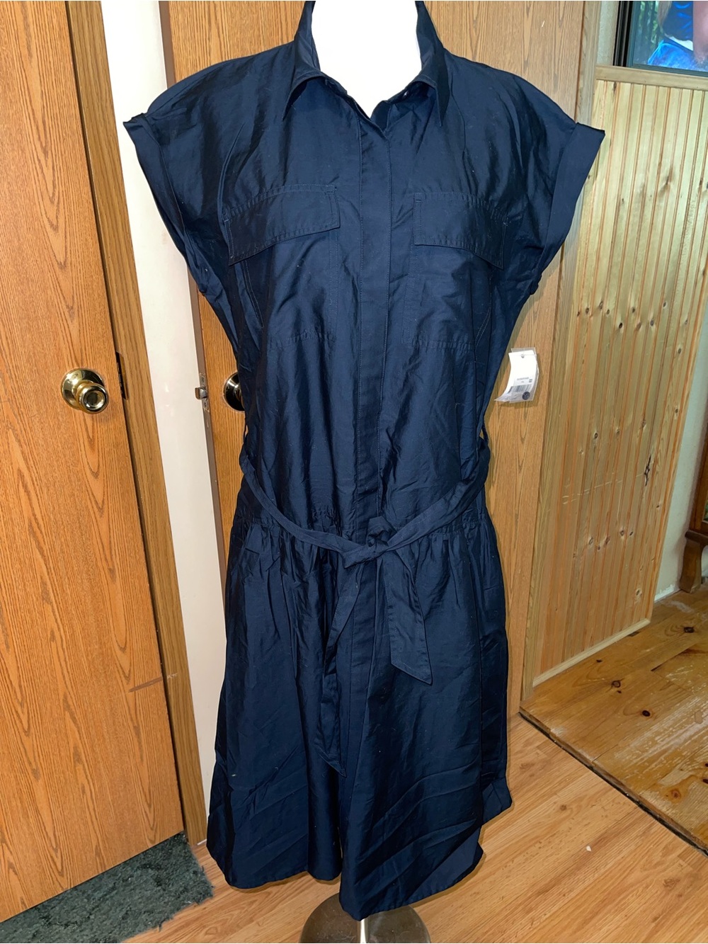 Women's Navy Tie-Waist Midi Shirt Dress